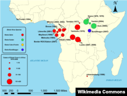Эбола вирусының Африкада 1979-2008 жылдары таралған аймағының картасы.